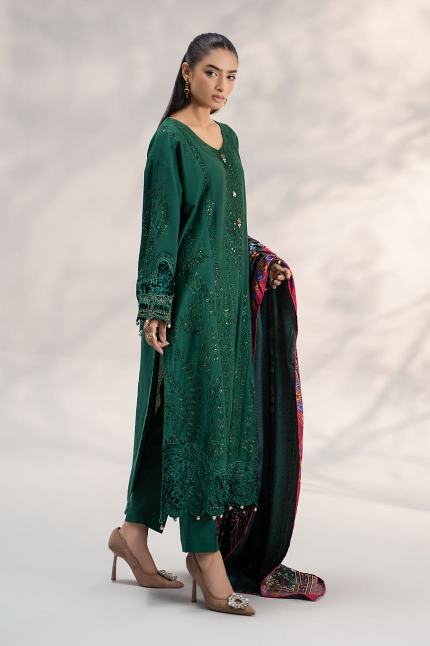 Pure Lawn Bottle Green Embroidered Dress : LL290