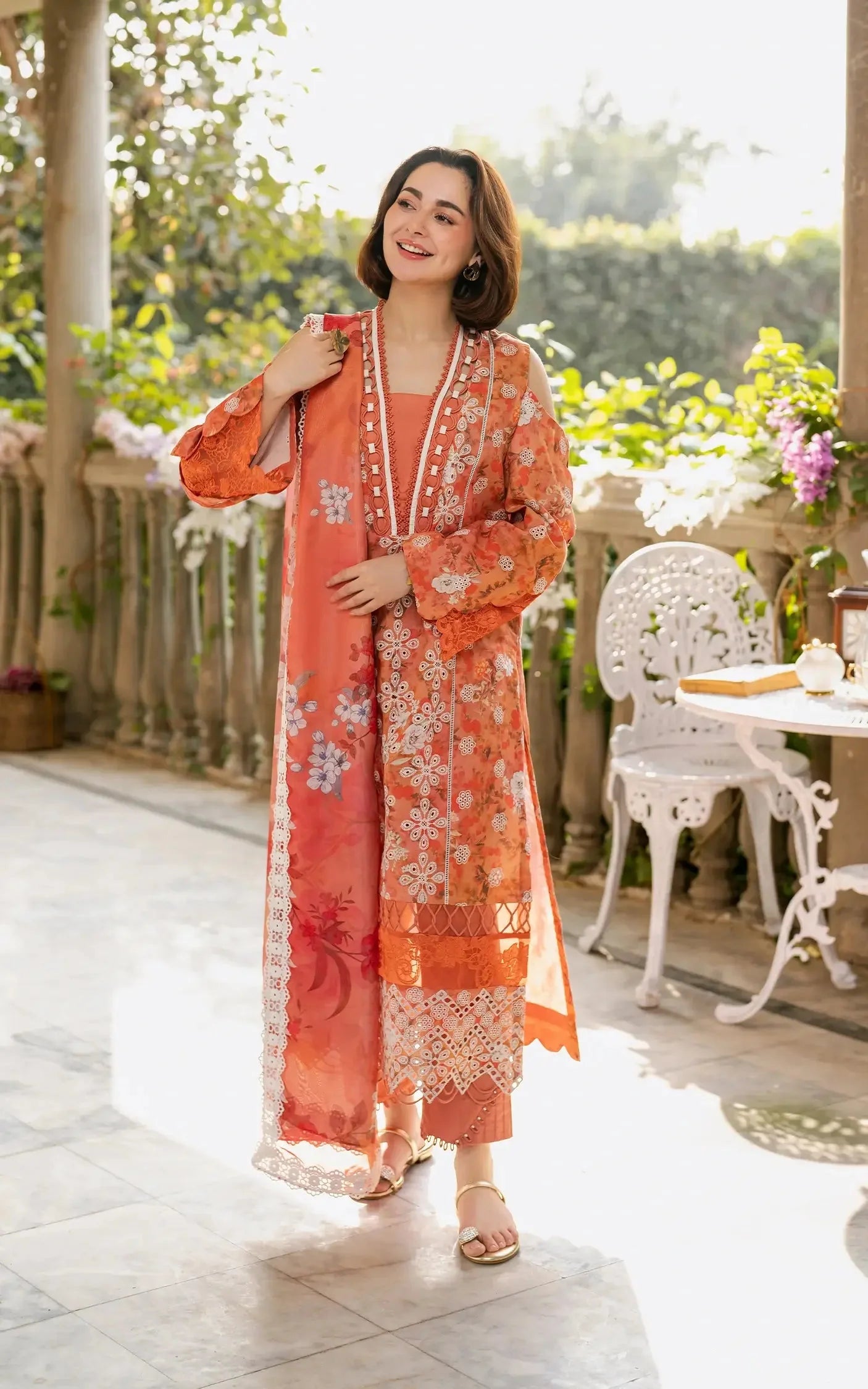 Pure Swiss Lawn Orange Chickenkari Dress - LL247