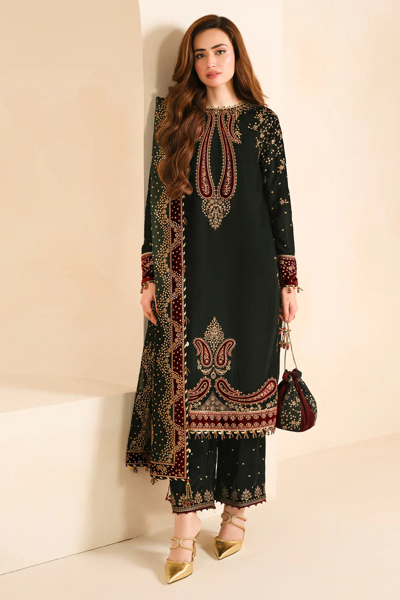 Pure Velvet Bottle Green Embroidered Dress - VC001