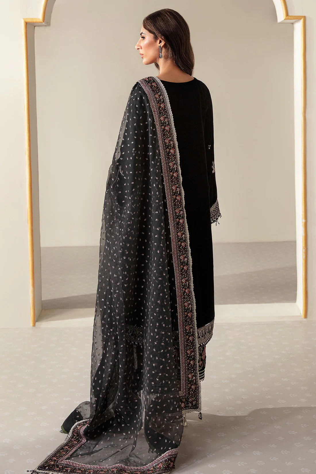 Pure Velvet Black Embroidered Dress - VC007