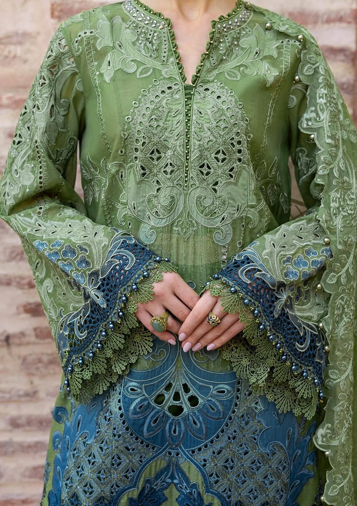Pure Lawn Pista & Teal Blue Embroidered Dress : LL280