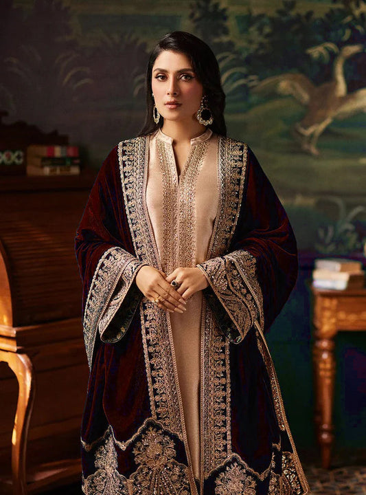 Pure Mysoori Embroidered Dress with Mahroon Velvet Shawl - VC025