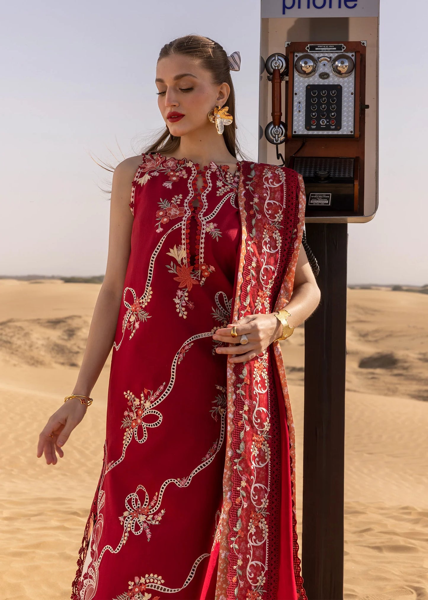 Pure Lawn Scarlet Red Chickenkari Dress - LL302