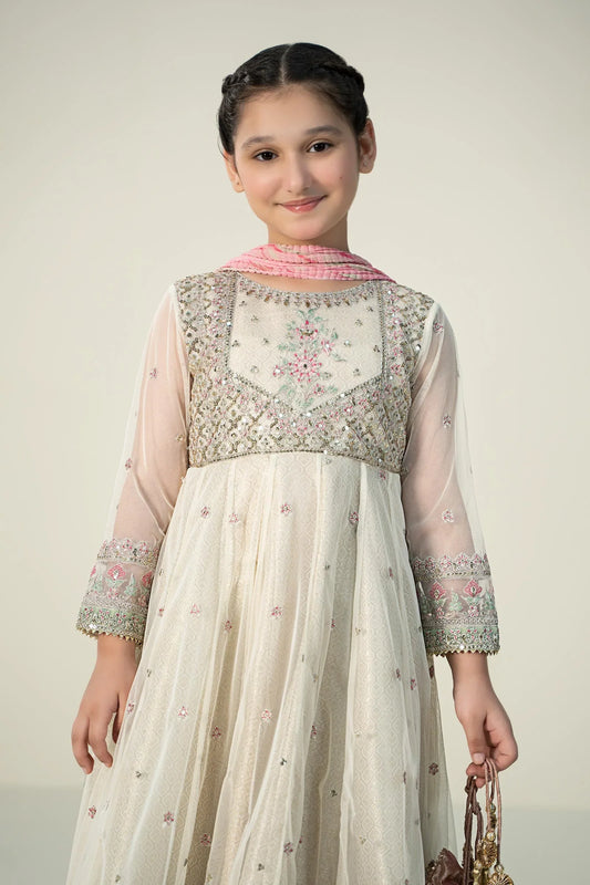 Pure Chiffon Embroidered Pearl White Kids Outfit - RS003