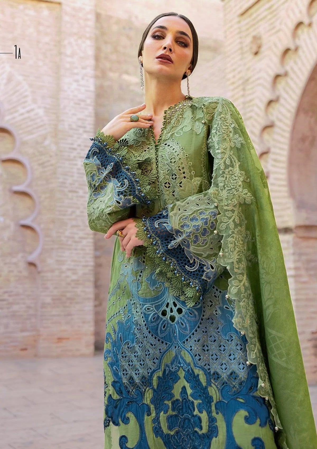 Pure Lawn Pista & Teal Blue Embroidered Dress : LL280