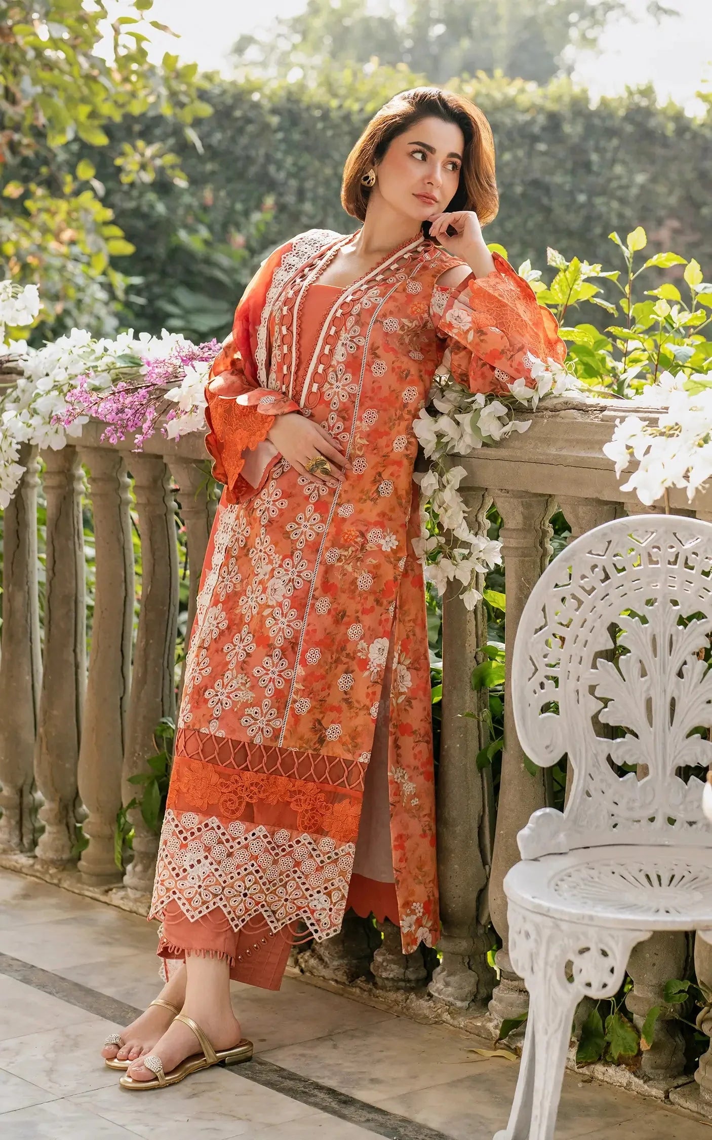 Pure Swiss Lawn Orange Chickenkari Dress - LL247