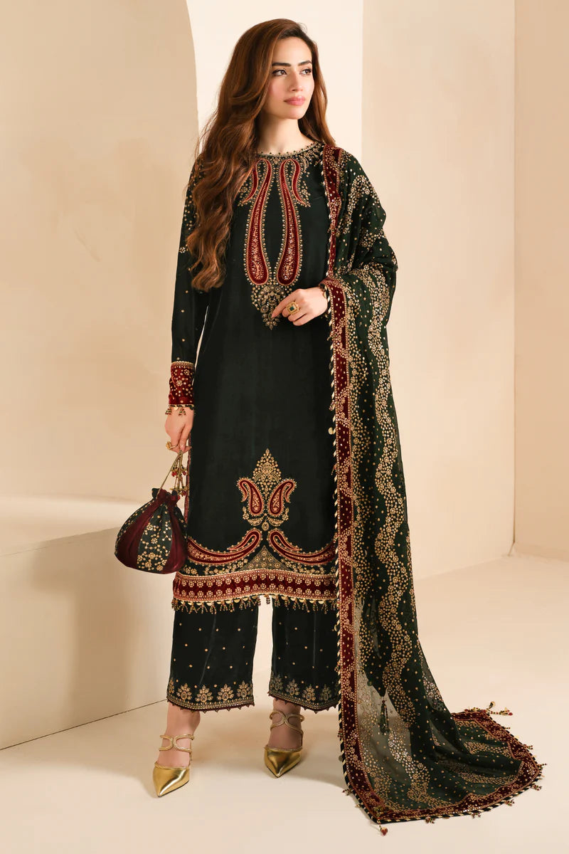 Pure Velvet Bottle Green Embroidered Dress - VC001