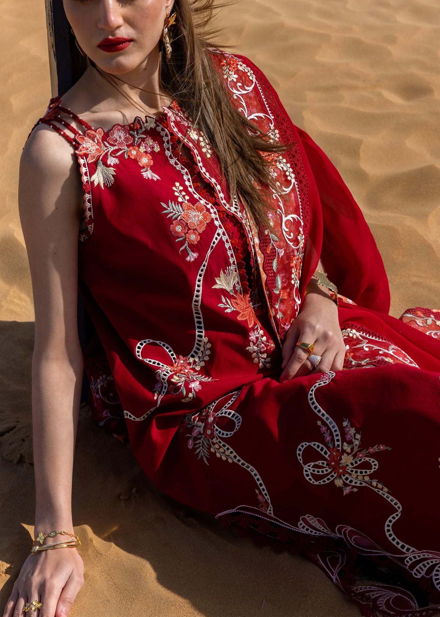 Pure Lawn Scarlet Red Chickenkari Dress - LL302