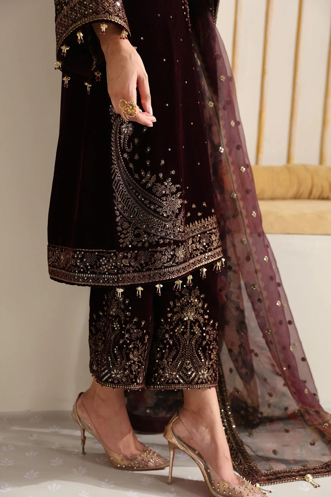 Pure Velvet Mahroon Embroidered Dress - VC023