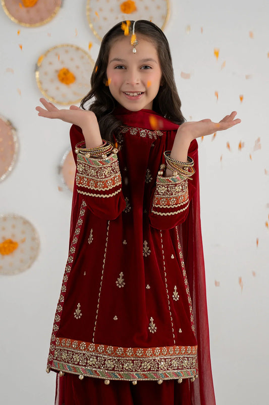 Pure Chiffon Embroidered Mahroon Kids Outfit - RS006