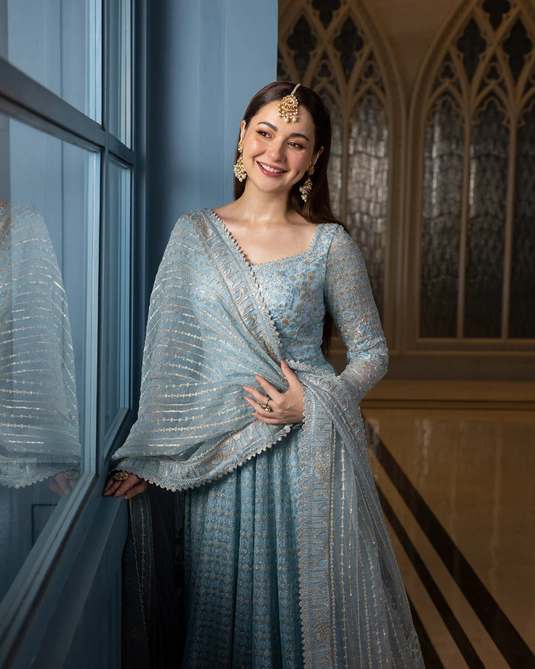 Pure Chiffon Blue Embroidered Wedding Maxi Dress - WW503