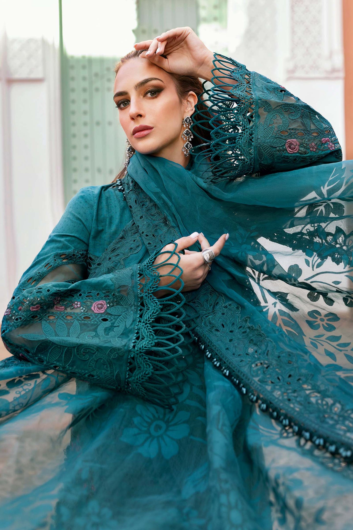 Pure Lawn Teal Green Chickenkari Dress : LL297