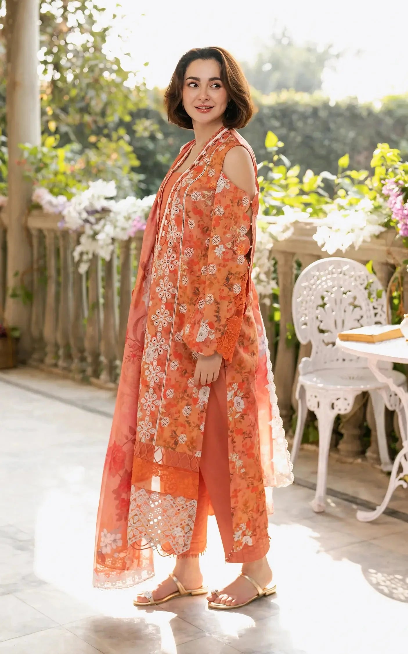 Pure Swiss Lawn Orange Chickenkari Dress - LL247