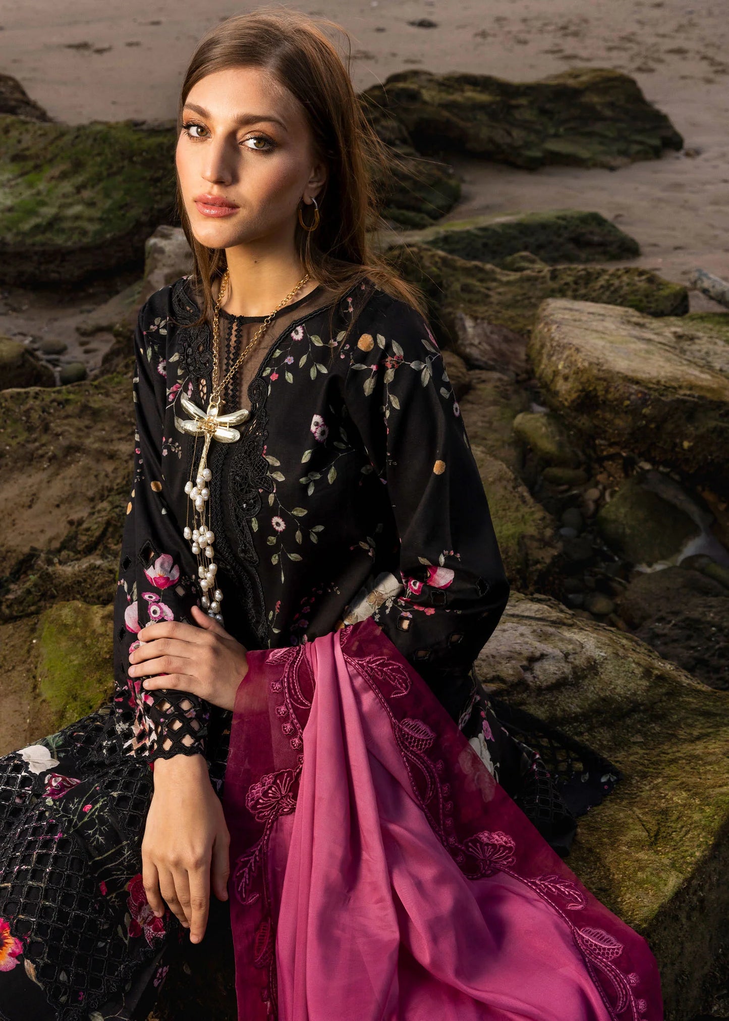 Pure Swiss Lawn Black Chickenkari Dress - LL382