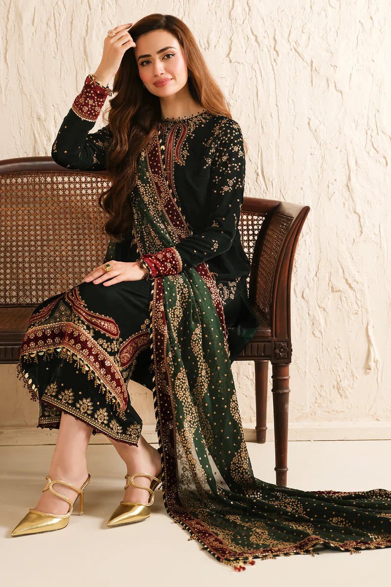 Pure Velvet Bottle Green Embroidered Dress - VC001