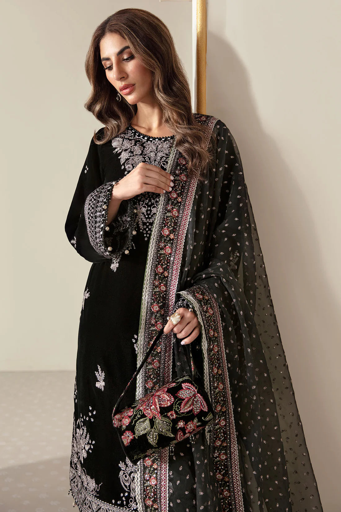 Pure Velvet Black Embroidered Dress - VC007