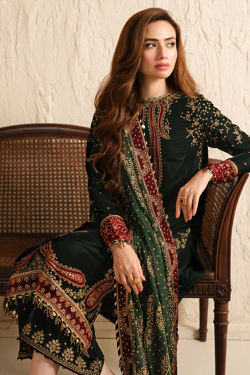 Pure Velvet Bottle Green Embroidered Dress - VC001