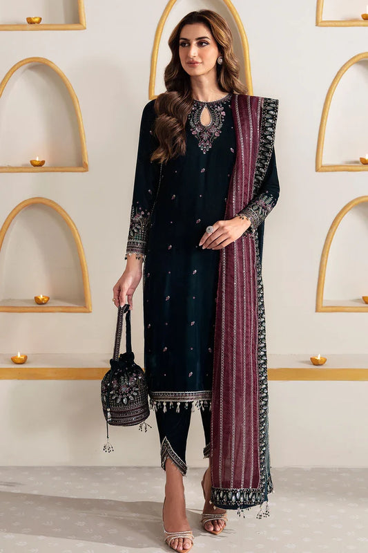 Pure Velvet Navy Blue Embroidered Dress - VC018