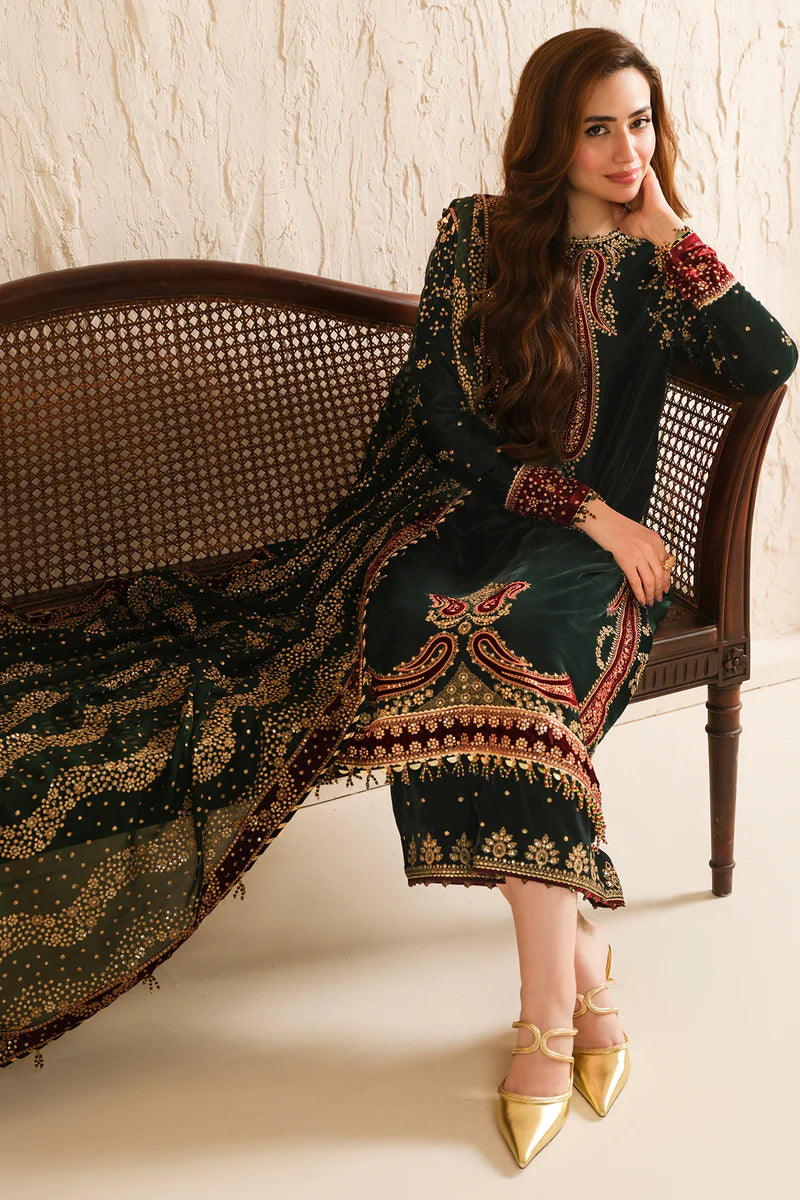 Pure Velvet Bottle Green Embroidered Dress - VC001