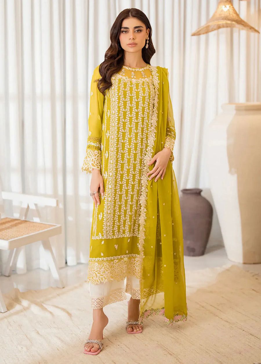 Pure Chiffon Yellow Embroidered Formal Dress