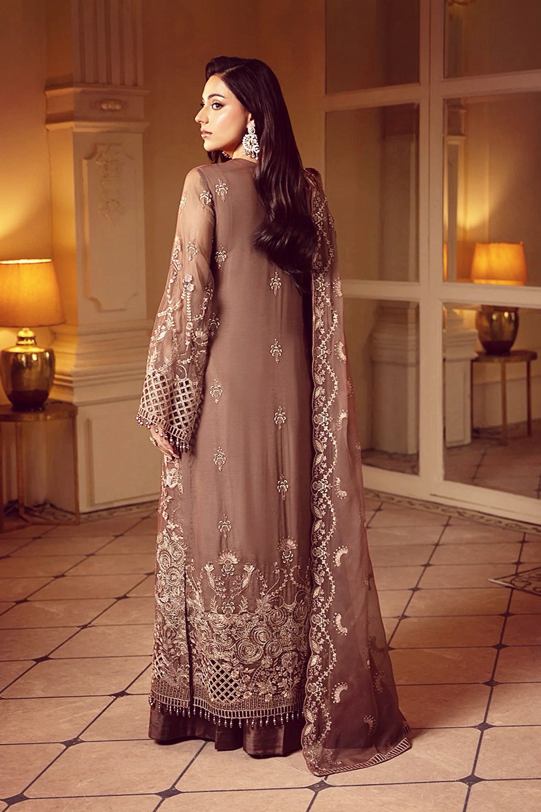 Pure Chiffon Brown Embroidered Dress - WW297