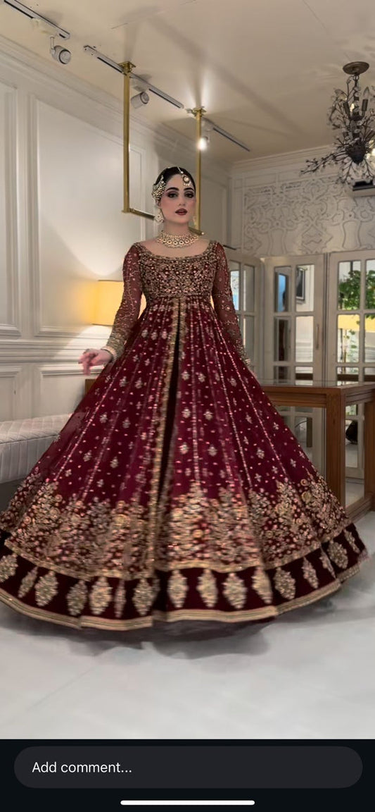 Pure Chiffon Mahroon Embroidered Maxi Dress - WW549
