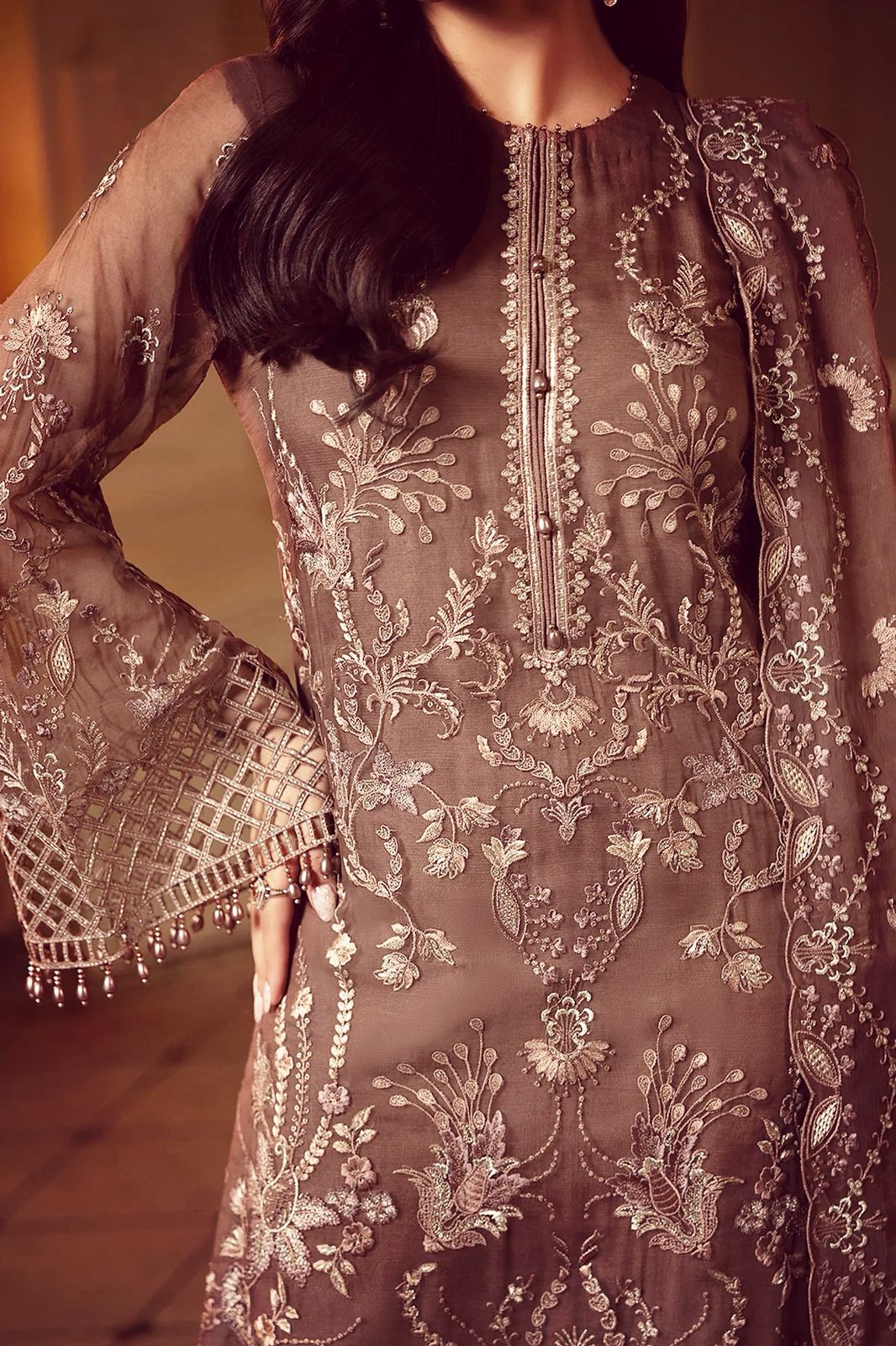 Pure Chiffon Brown Embroidered Dress - WW297