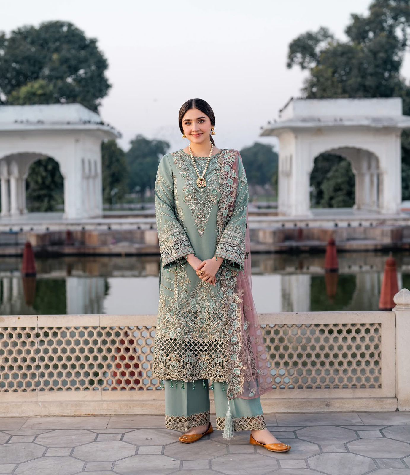Pure Chiffon Sea Green Embroidered Dress - WW296