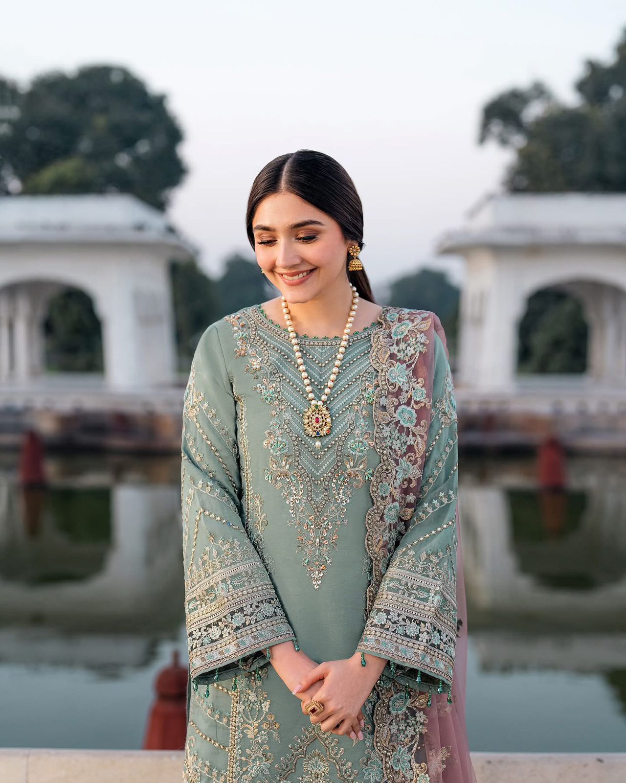 Pure Chiffon Sea Green Embroidered Dress - WW296