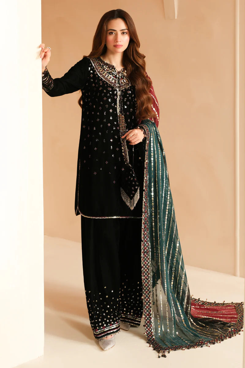 Pure Velvet Black Embroidered Dress - VC011