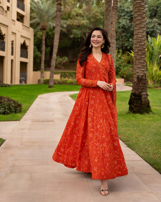 Pure Luxury Lawn Burnt Orange Embroidered Eid Outfit - LL464