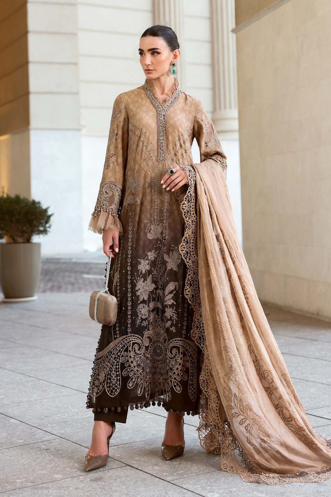 Pure Luxury Lawn Light & Dark Brown Embroidered Eid Outfit - LL450