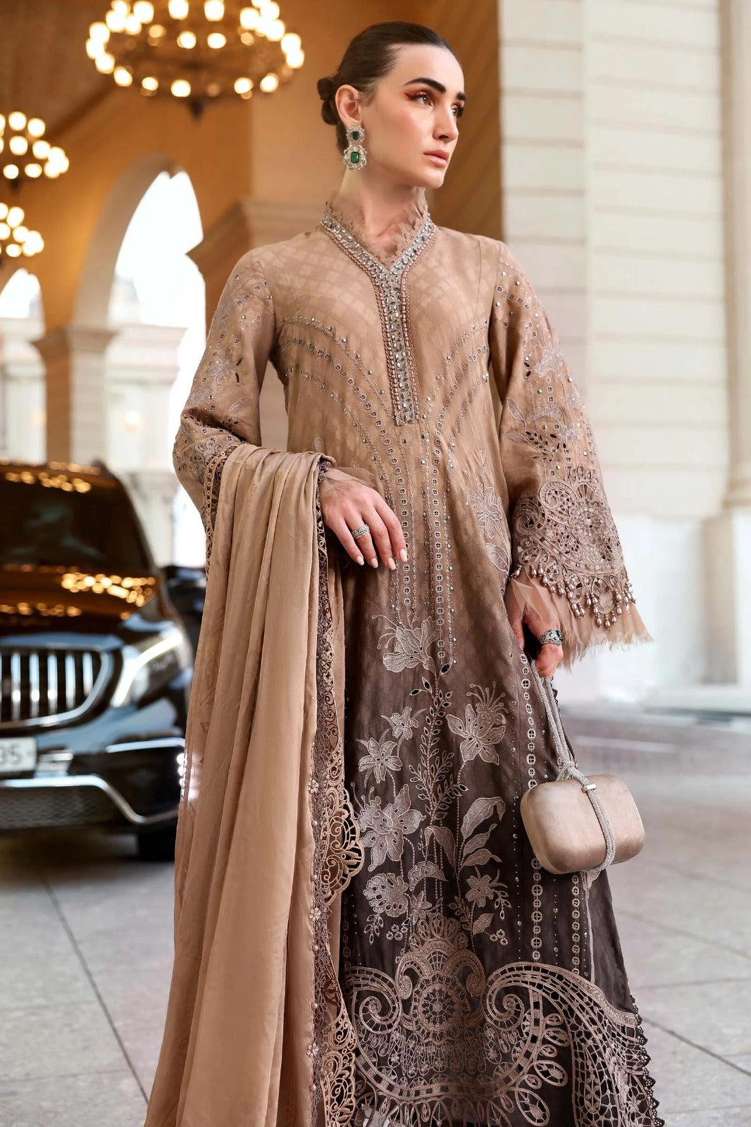 Pure Luxury Lawn Light & Dark Brown Embroidered Eid Outfit - LL450