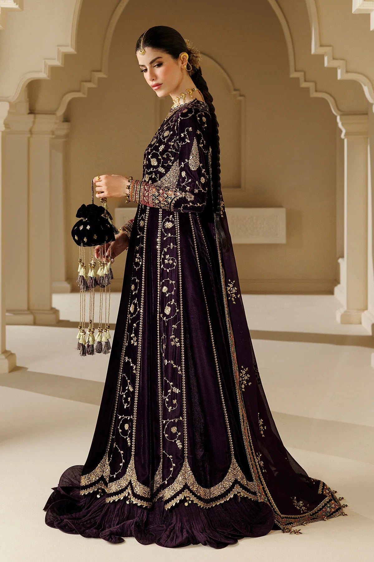 Pure Velvet Purple Embroidered Maxi Dress - WW604