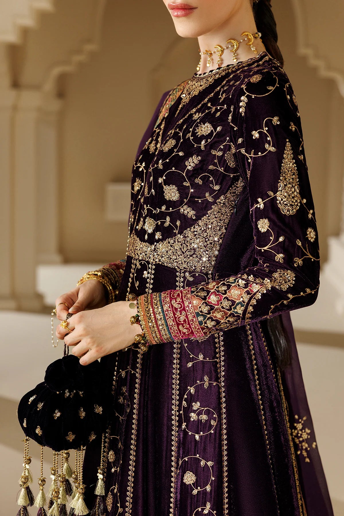 Pure Velvet Purple Embroidered Maxi Dress - WW604