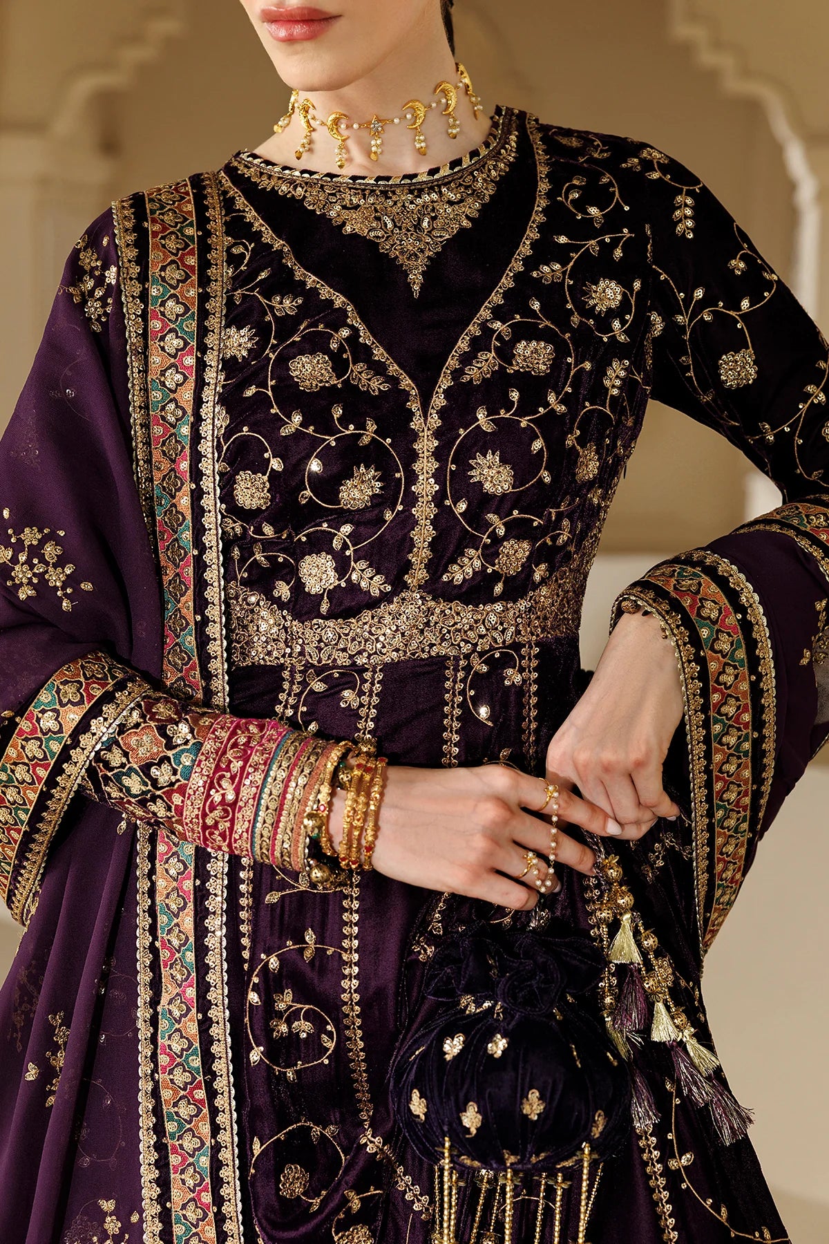 Pure Velvet Purple Embroidered Maxi Dress - WW604