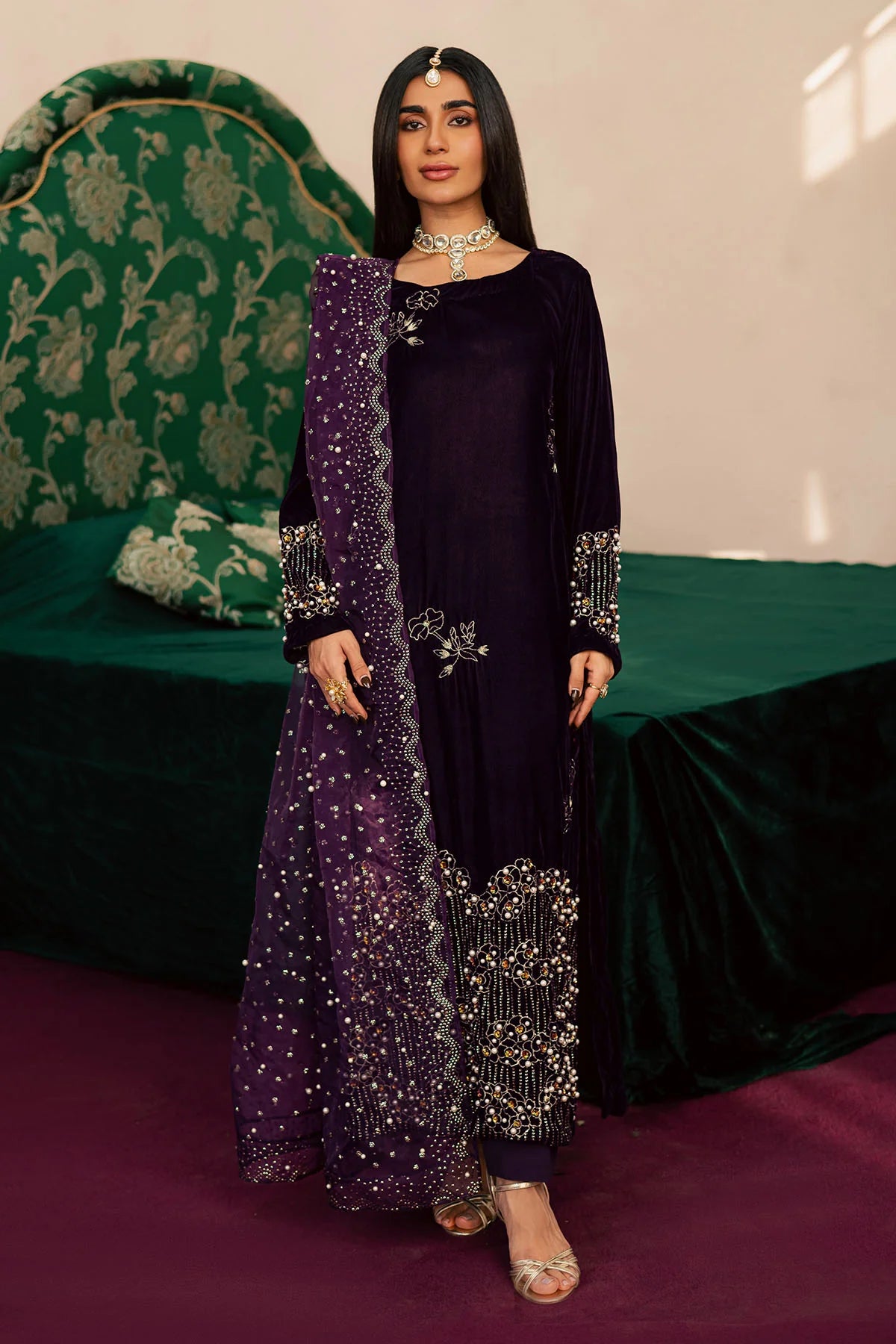 Pure Velvet Purple Embroidered Wedding Dress - WW604
