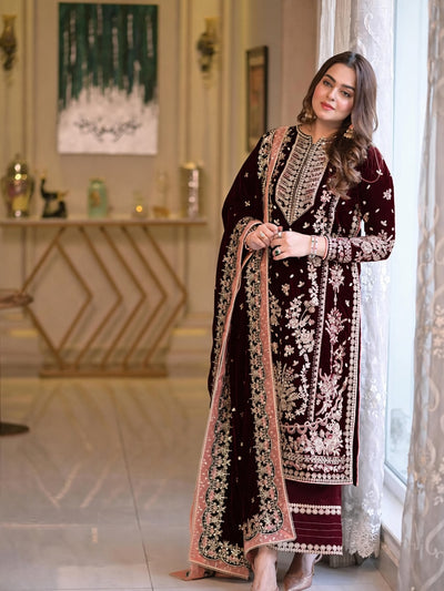 Pure Velvet Mahroon Embroidered Dress with Velvet Shawl – VC226