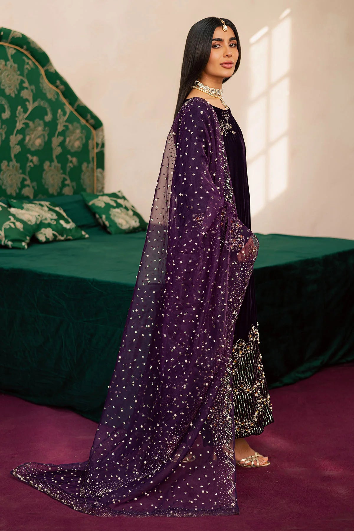 Pure Velvet Purple Embroidered Wedding Dress - WW604