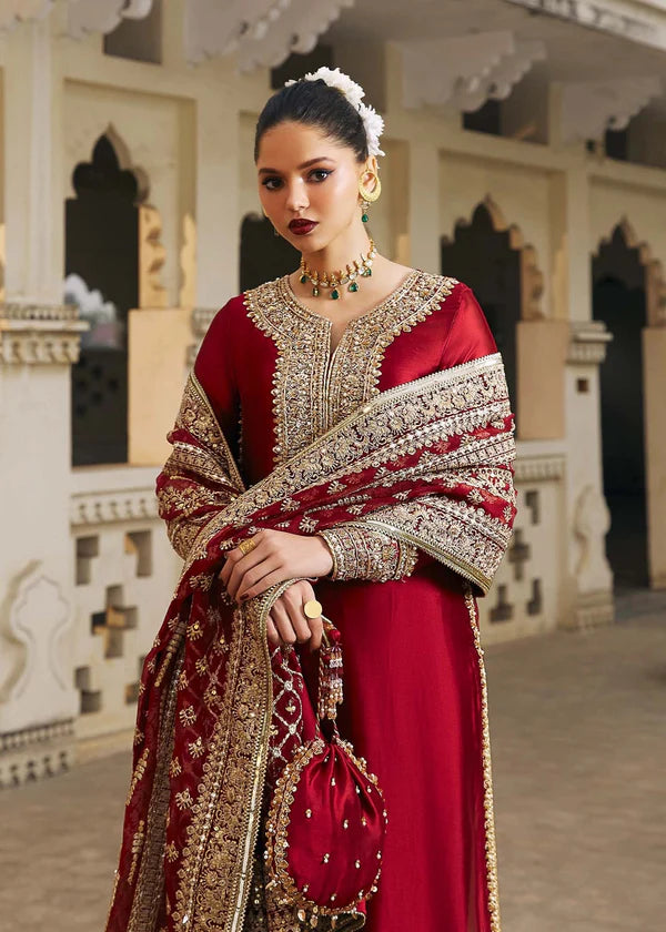 Pure Raw Silk Red Embroidered Dress With Hand Bag - WW314