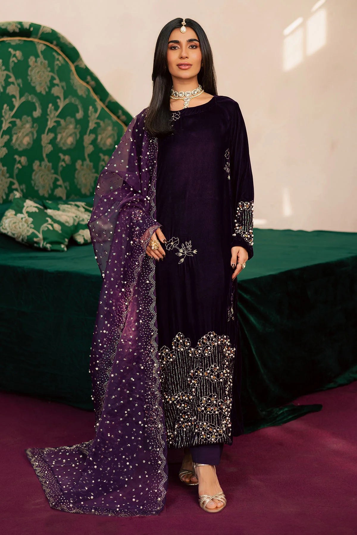 Pure Velvet Purple Embroidered Wedding Dress - WW604