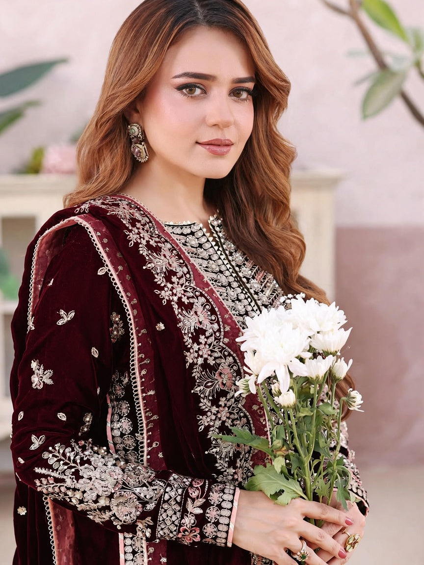 Pure Velvet Mahroon Embroidered Dress with Velvet Shawl – VC226
