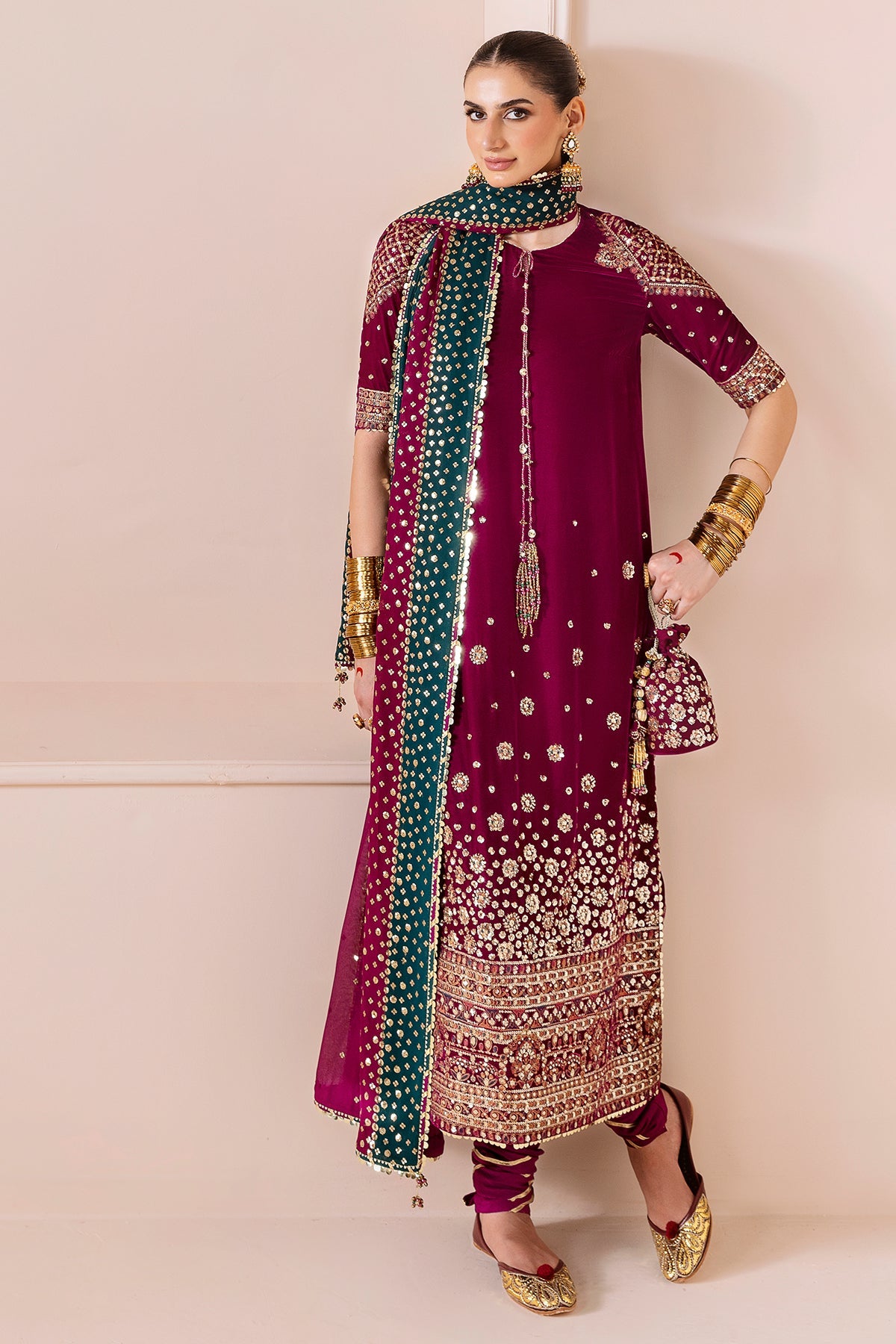 Pure Velvet Mahroon Embroidered Dress - VC020