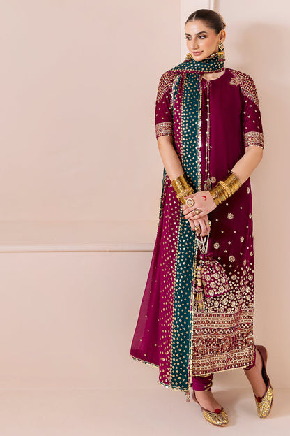 Pure Velvet Mahroon Embroidered Dress - VC020