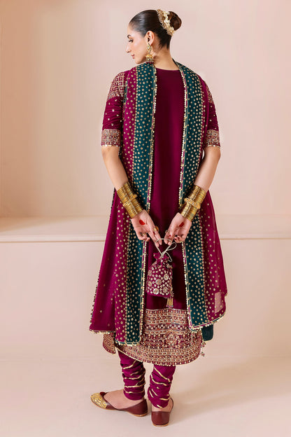 Pure Velvet Mahroon Embroidered Dress - VC020