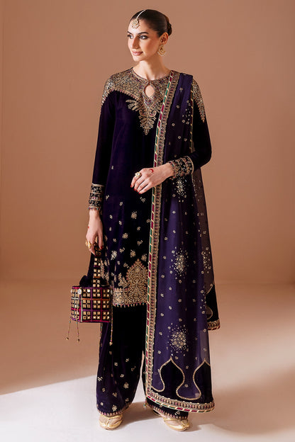 Pure Velvet Purple Embroidered Dress With Matching Hand Bag - VC022
