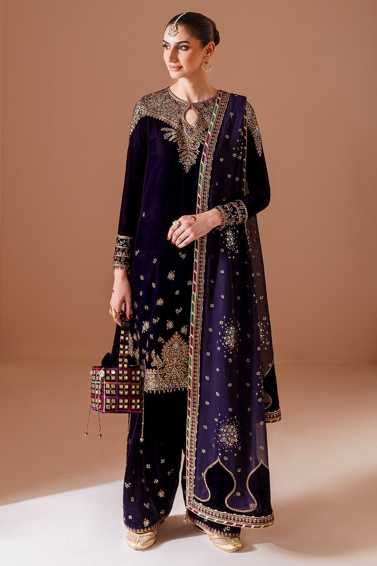 Pure Velvet Purple Embroidered Dress - VC022