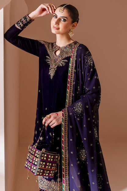 Pure Velvet Purple Embroidered Dress With Matching Hand Bag - VC022