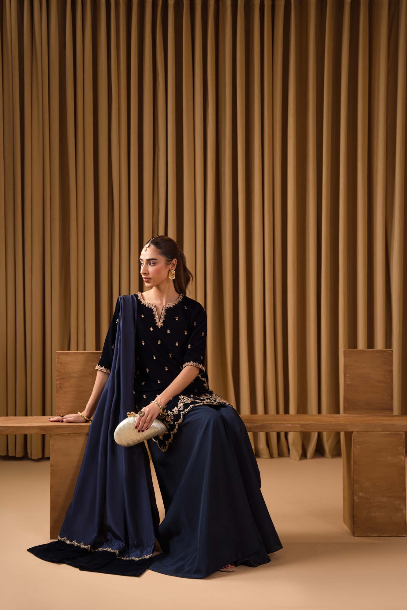 Pure Velvet Navy Blue Embroidered Dress - VC021