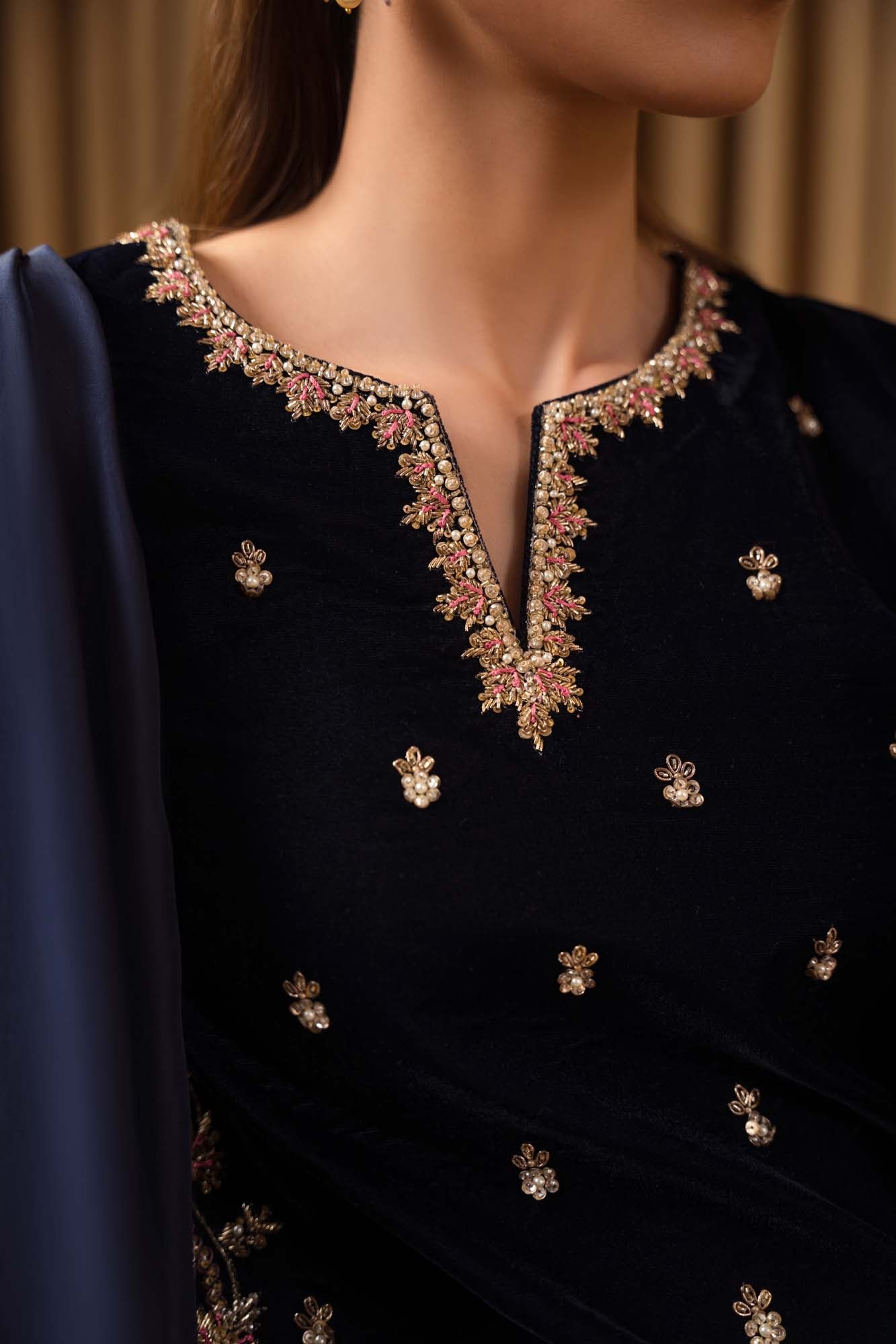 Pure Velvet Navy Blue Embroidered Dress - VC021